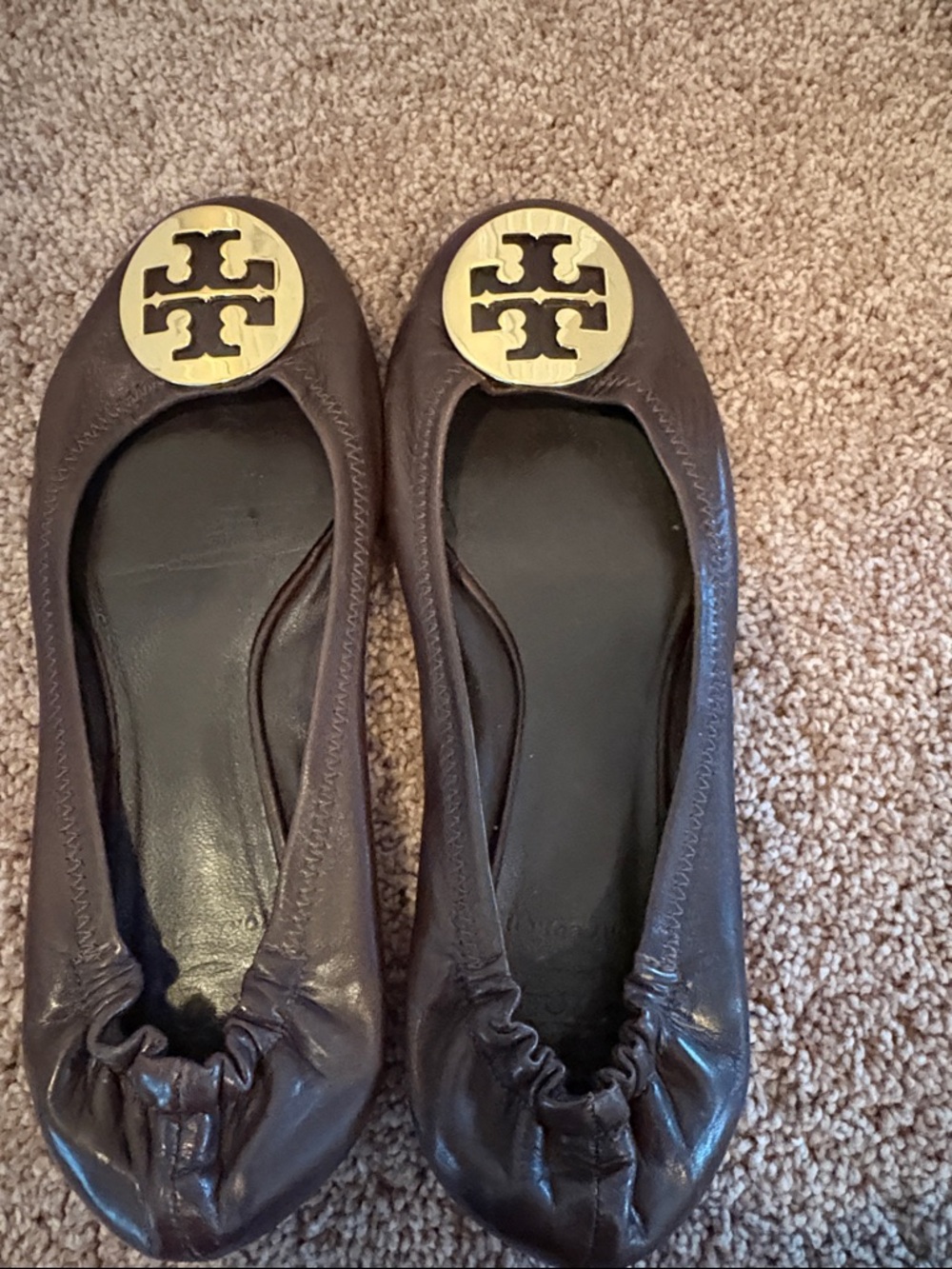 Tory Burch Dark Brown Leather Logo Ballet Flats with Gold Medallions - Picture 3 of 3